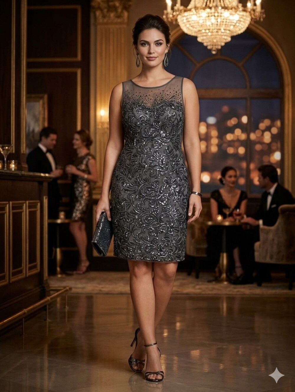 Xscape Illusion Neck Sequin Cocktail Dress Metallic Charcoal Grey Size 8